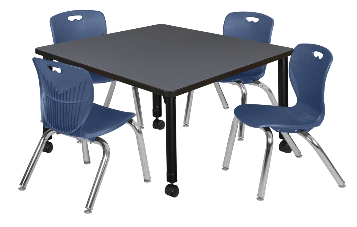 36 in. Kee Square Height Adjustable Mobile Classroom Table, Grey & 4 Andy 12 in. Stack Chairs - Navy Blue