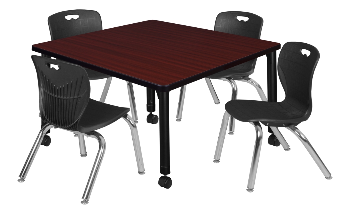 36 in. Kee Square Height Adjustable Moblie Classroom Table, Mahogany & 4 Andy 12 in. Stack Chairs - Black -  GSI Homestyles, HO3173604