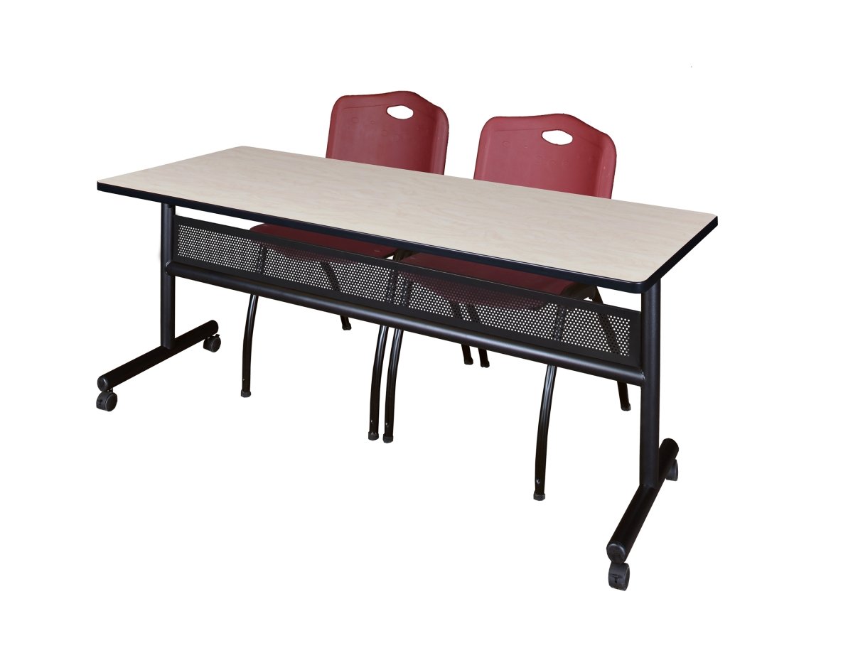 MKFTM7224PL47BY 72 x 24 in. Flip Top Mobile Training Table with Modesty Panel, Maple & 2 in. M Stack Chairs - Burgundy -  Regency