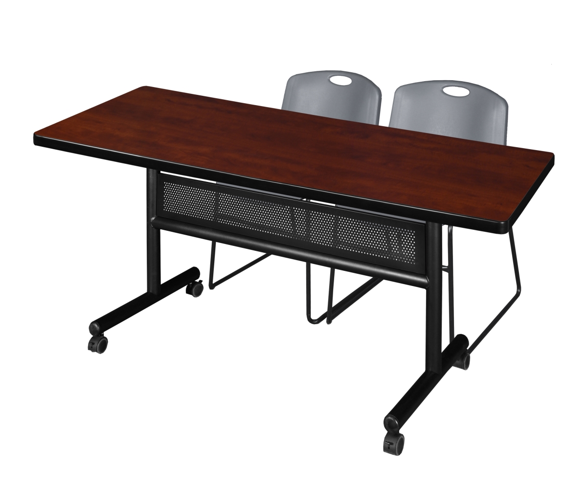 MKFTM7230CH44GY 72 x 30 in. Flip Top Mobile Training Table with Modesty Panel, Cherry & 2 in. Zeng Stack Chairs - Grey -  Regency