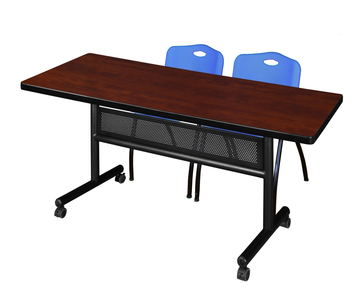 MKFTM7230CH47BE 72 x 30 in. Flip Top Mobile Training Table with Modesty Panel, Cherry & 2 in. M Stack Chairs - Blue