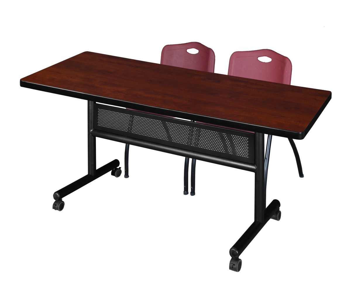 MKFTM7230CH47BY 72 x 30 in. Flip Top Mobile Training Table with Modesty Panel, Cherry & 2 in. M Stack Chairs - Burgundy -  Regency