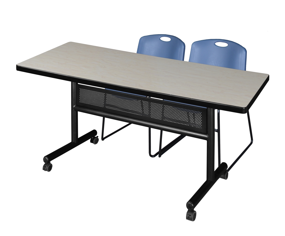 72 x 30 in. Flip Top Mobile Training Table with Modesty Panel, Maple & 2 in. Zeng Stack Chairs - Blue