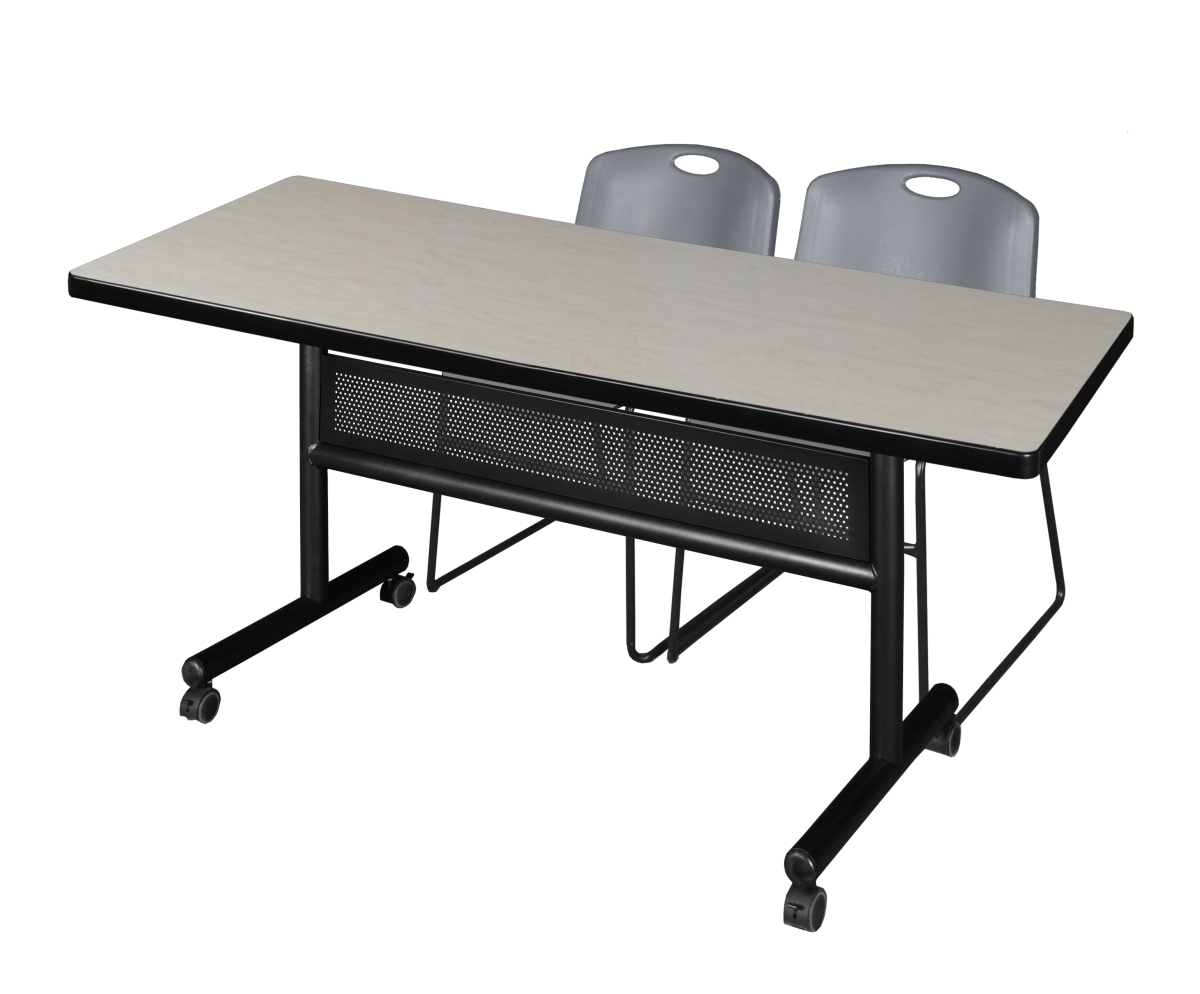 MKFTM7230PL44GY 72 x 30 in. Flip Top Mobile Training Table with Modesty Panel, Maple & 2 in. Zeng Stack Chairs - Grey