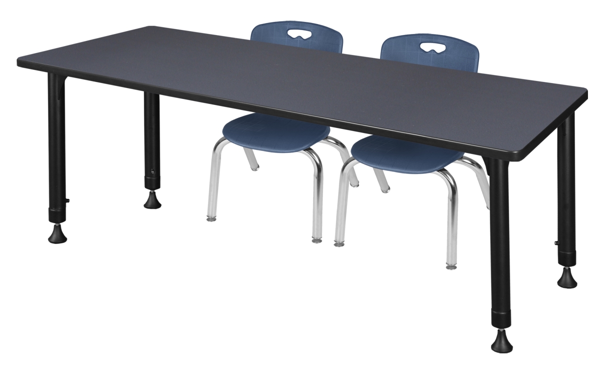 72 x 24 in. Kee Height Adjustable Classroom Table, Grey & 2 Andy 12 in. Stack Chairs - Navy Blue