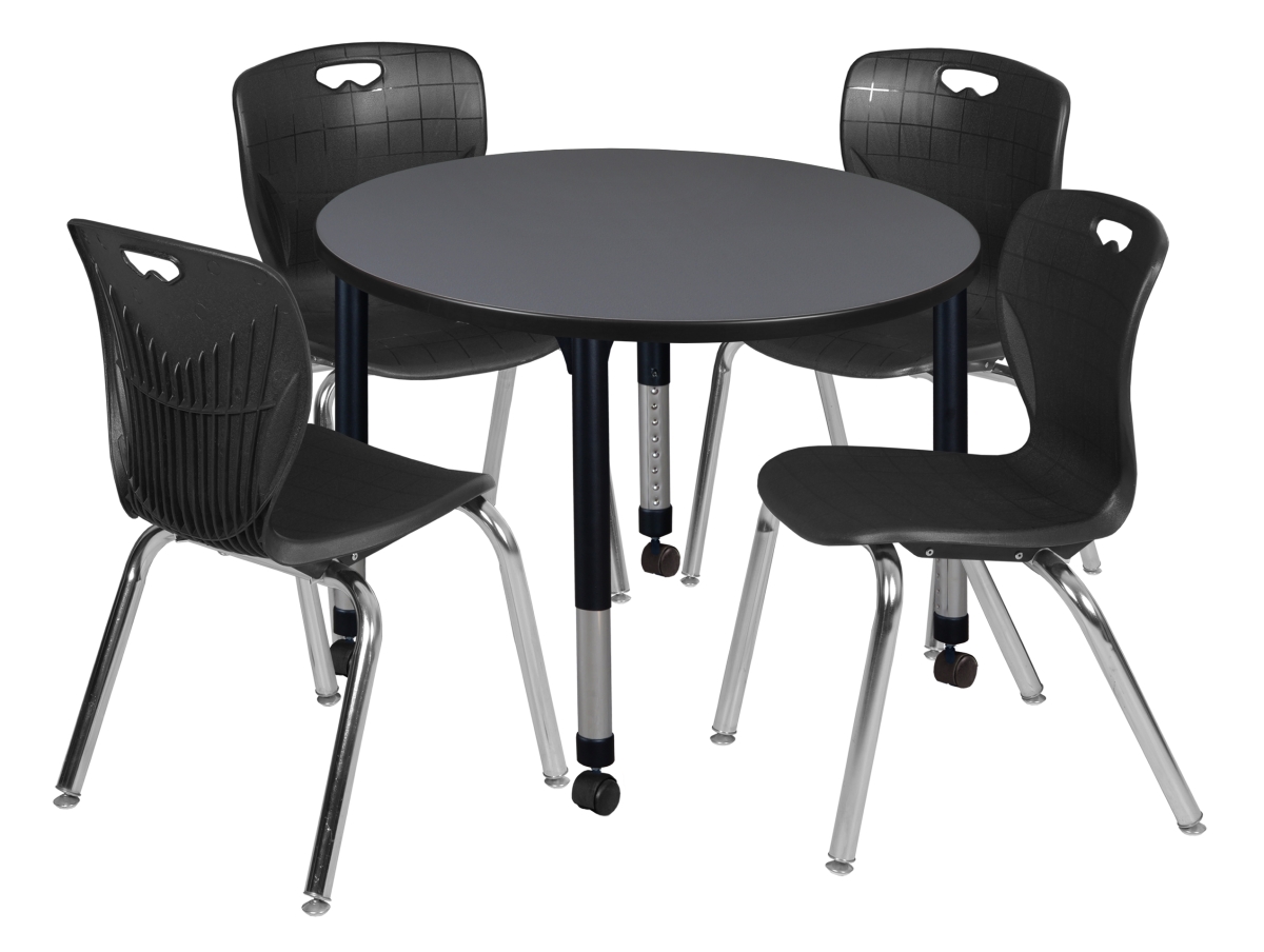 36 in. Kee Round Height Adjustable Classroom Table, Grey & 4 Andy 18 in. Stack Chairs - Black