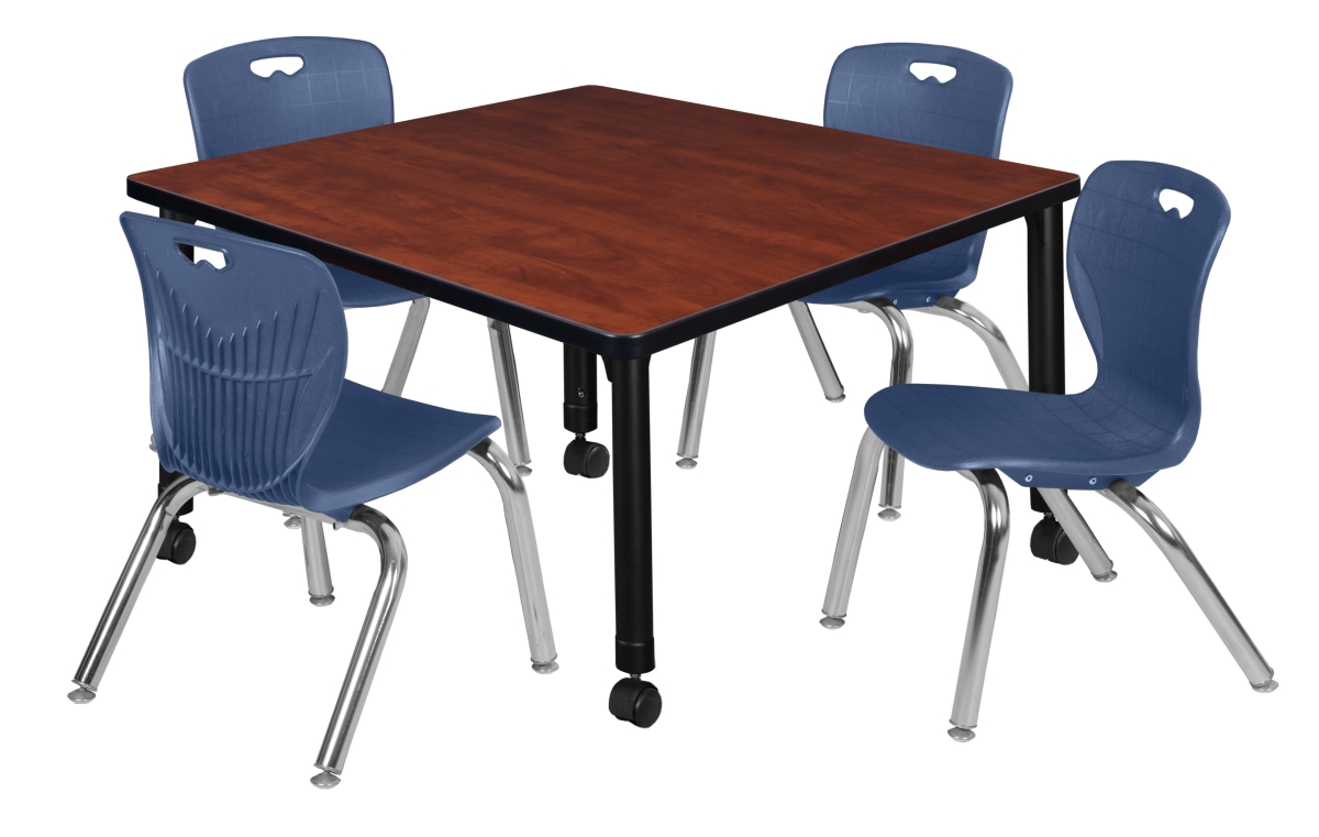 42 in. Kee Square Height Adjustable Mobile Classroom Table, Cherry & 4 Andy 12 in. Stack Chairs - Navy Blue