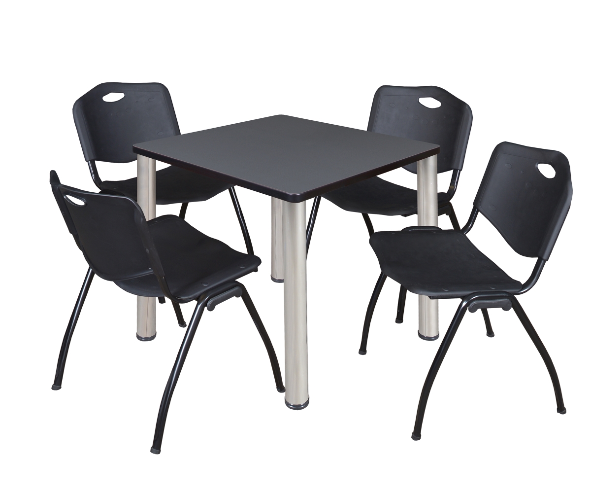 30 in. Kee Square Breakroom Table, Grey & Chrome & 4 in. M Stack Chairs - Black