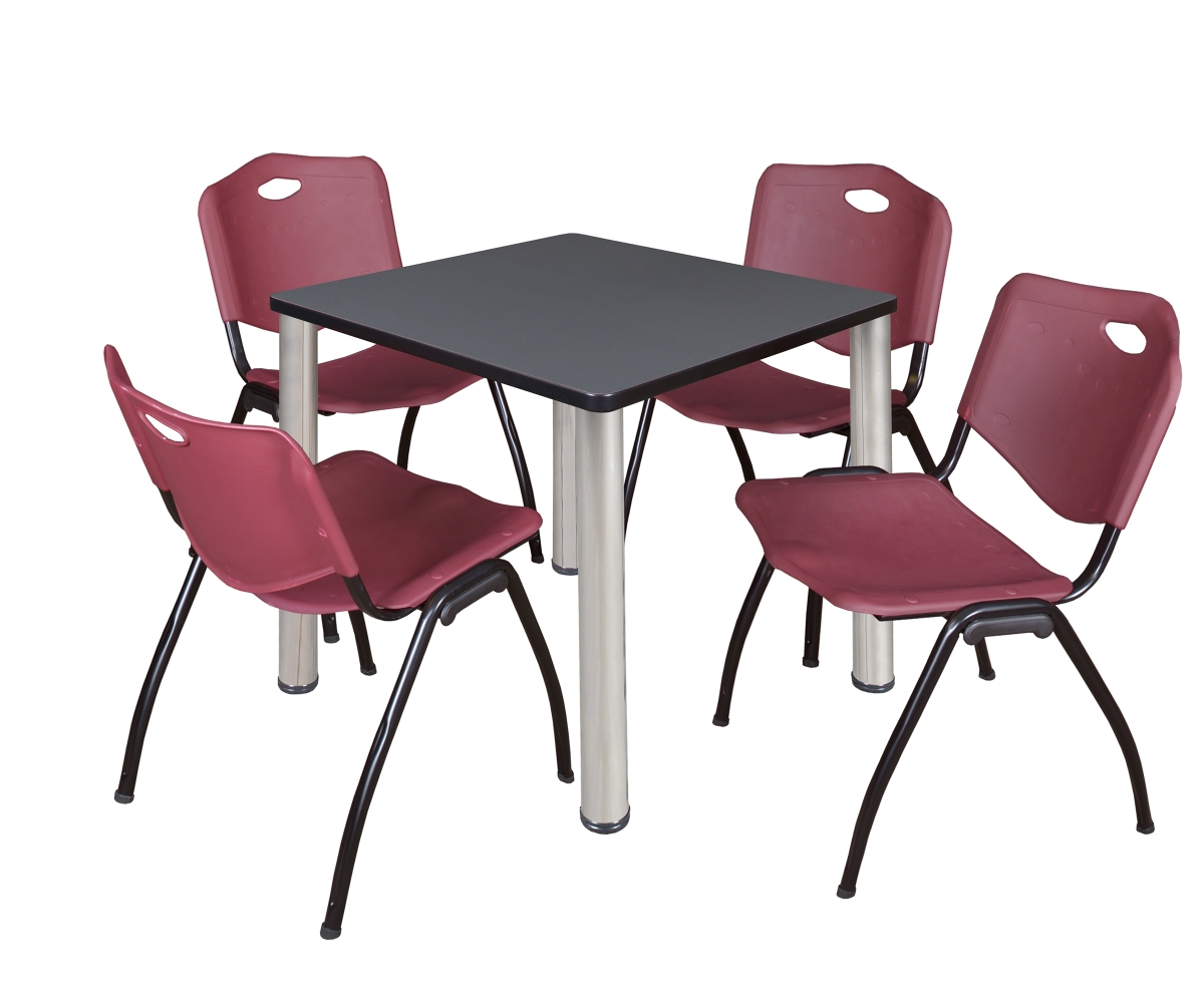 30 in. Kee Square Breakroom Table, Grey & Chrome & 4 in. M Stack Chairs - Burgundy