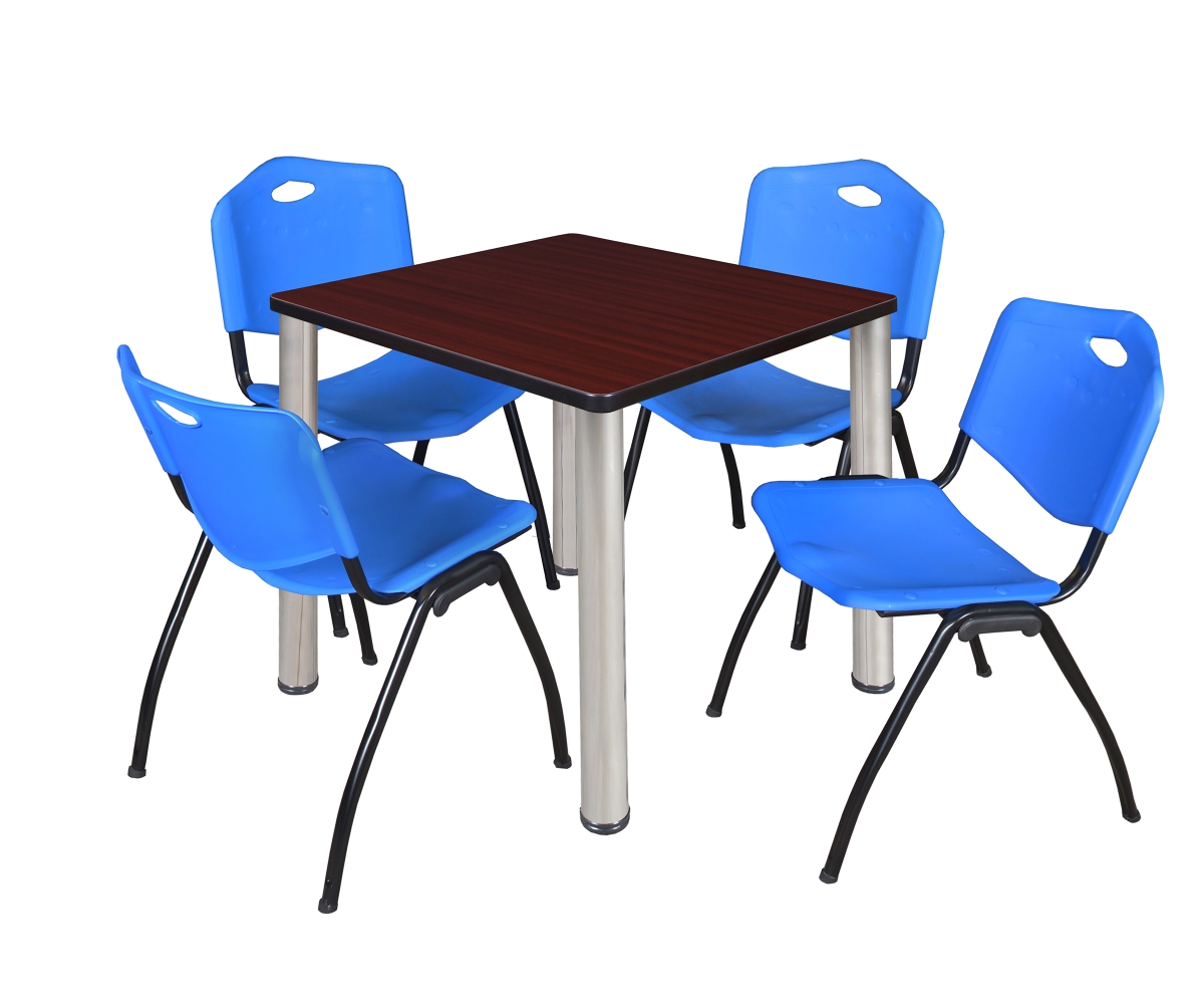 30 in. Kee Square Breakroom Table, Mahogany & Chrome & 4 in. M Stack Chairs - Blue