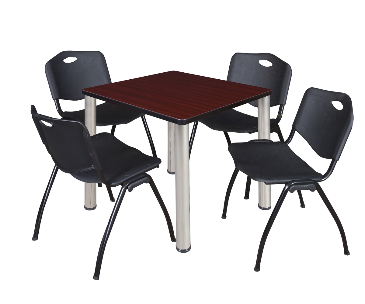 30 in. Kee Square Breakroom Table, Mahogany & Chrome & 4 in. M Stack Chairs - Black