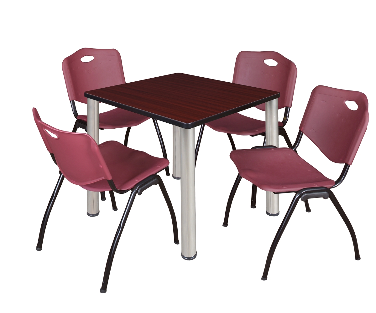30 in. Kee Square Breakroom Table, Mahogany & Chrome & 4 in. M Stack Chairs - Burgundy