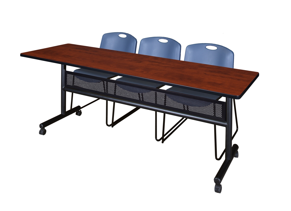 84 x 24 in. Flip Top Mobile Training Table with Modesty Panel - Cherry & Blue 3 Zeng Stack Chairs