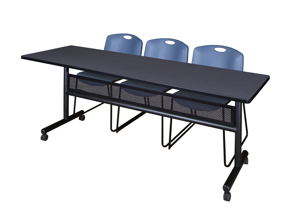 MKFTM8424GY44BE 84 x 24 in. Flip Top Mobile Training Table with Modesty Panel - Grey & Blue 3 Zeng Stack Chairs -  Regency