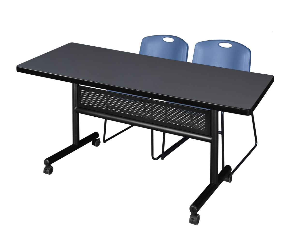 MKFTM7230GY44BE 72 x 30 in. Flip Top Mobile Training Table with Modesty Panel - Grey & Blue 2 Zeng Stack Chairs -  Regency