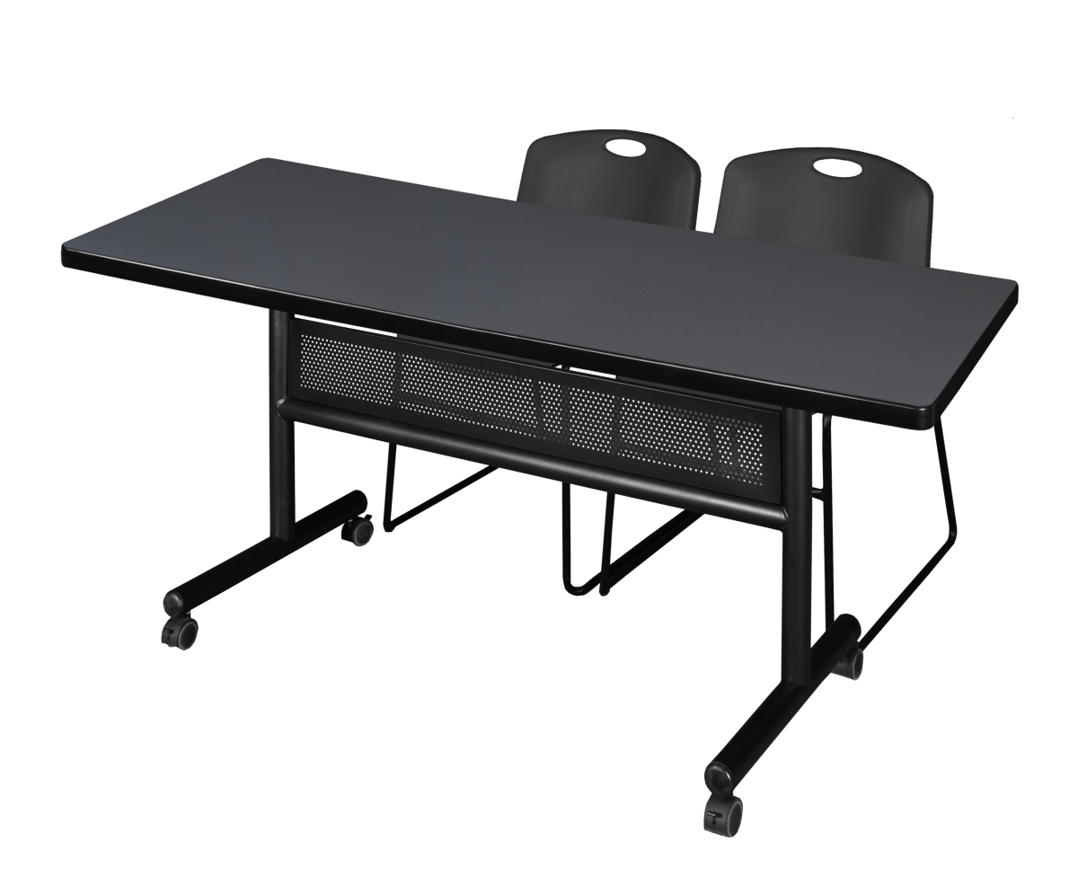 MKFTM7230GY44BK 72 x 30 in. Flip Top Mobile Training Table with Modesty Panel - Grey & Black 2 Zeng Stack Chairs -  Regency