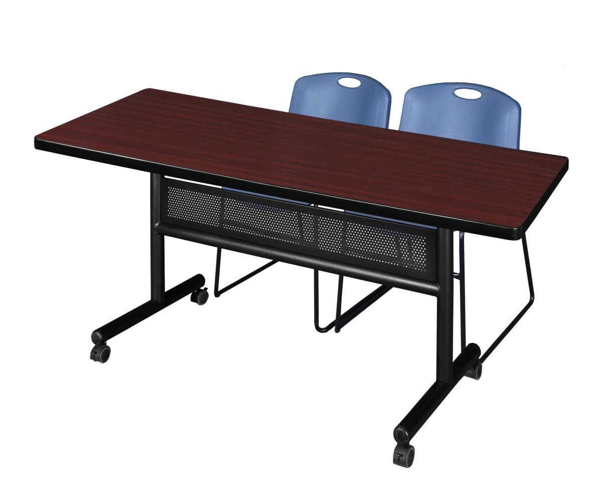 MKFTM7230MH44BE 72 x 30 in. Flip Top Mobile Training Table with Modesty Panel - Mahogany & Blue 2 Zeng Stack Chairs