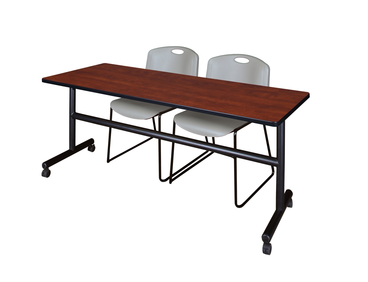 MKFT7230CH44GY 72 x 30 in. Flip Top Mobile Training Table with Cherry & Grey 2 Zeng Stack Chairs -  Regency