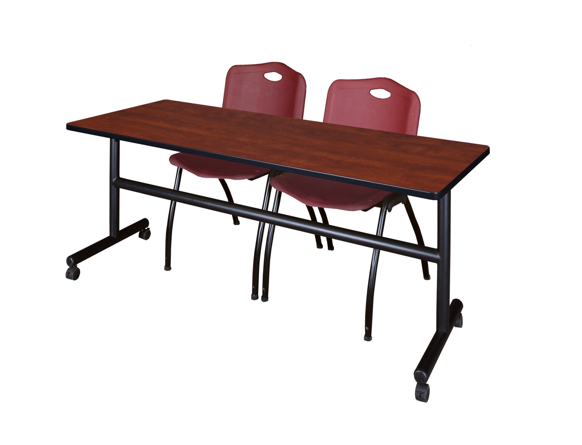 MKFT7230CH47BY 72 x 30 Flip Top Mobile Training Table with Cherry & Burgundy 2 in. M Stack Chairs -  Regency