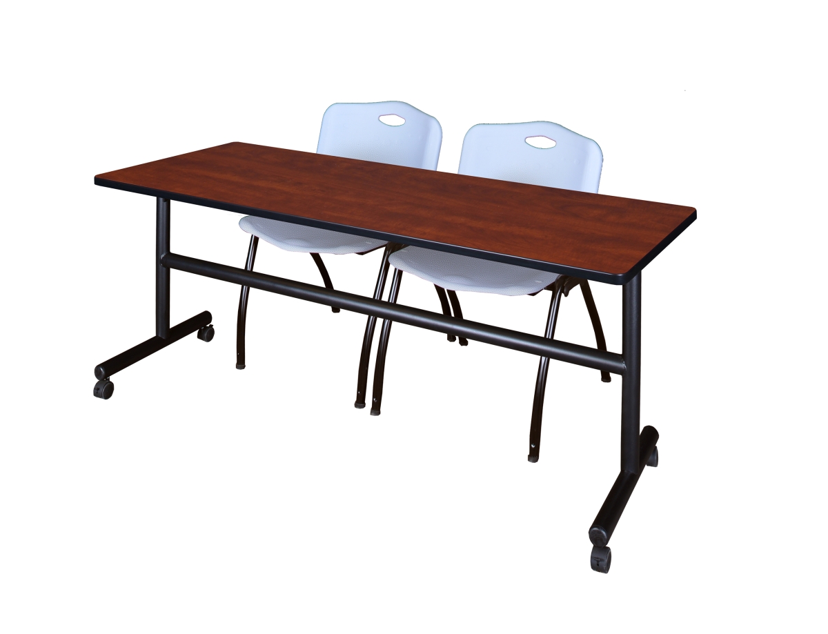 72 x 30 Flip Top Mobile Training Table with Cherry & Grey 2 in. M Stack Chairs