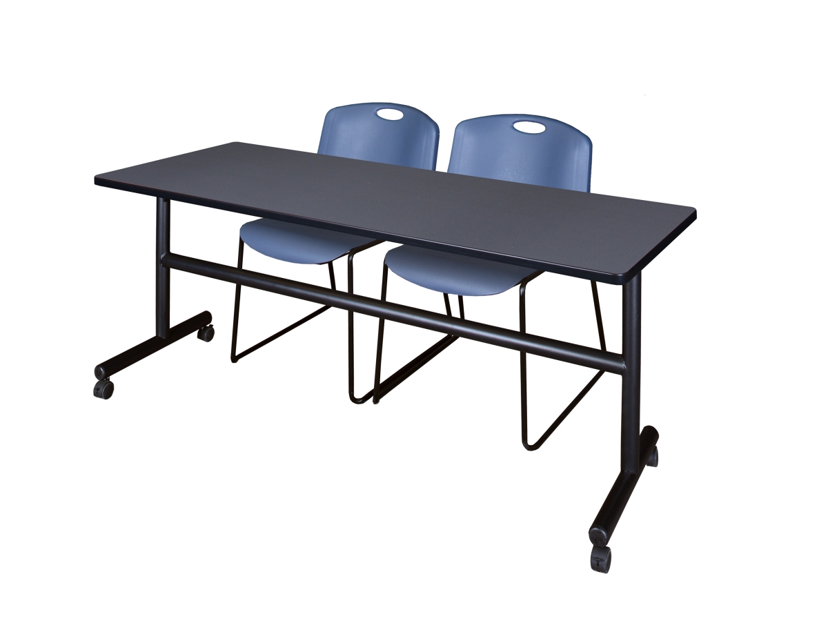 MKFT7230GY44BE 72 x 30 in. Flip Top Mobile Training Table with Grey & Blue 2 Zeng Stack Chairs -  Regency