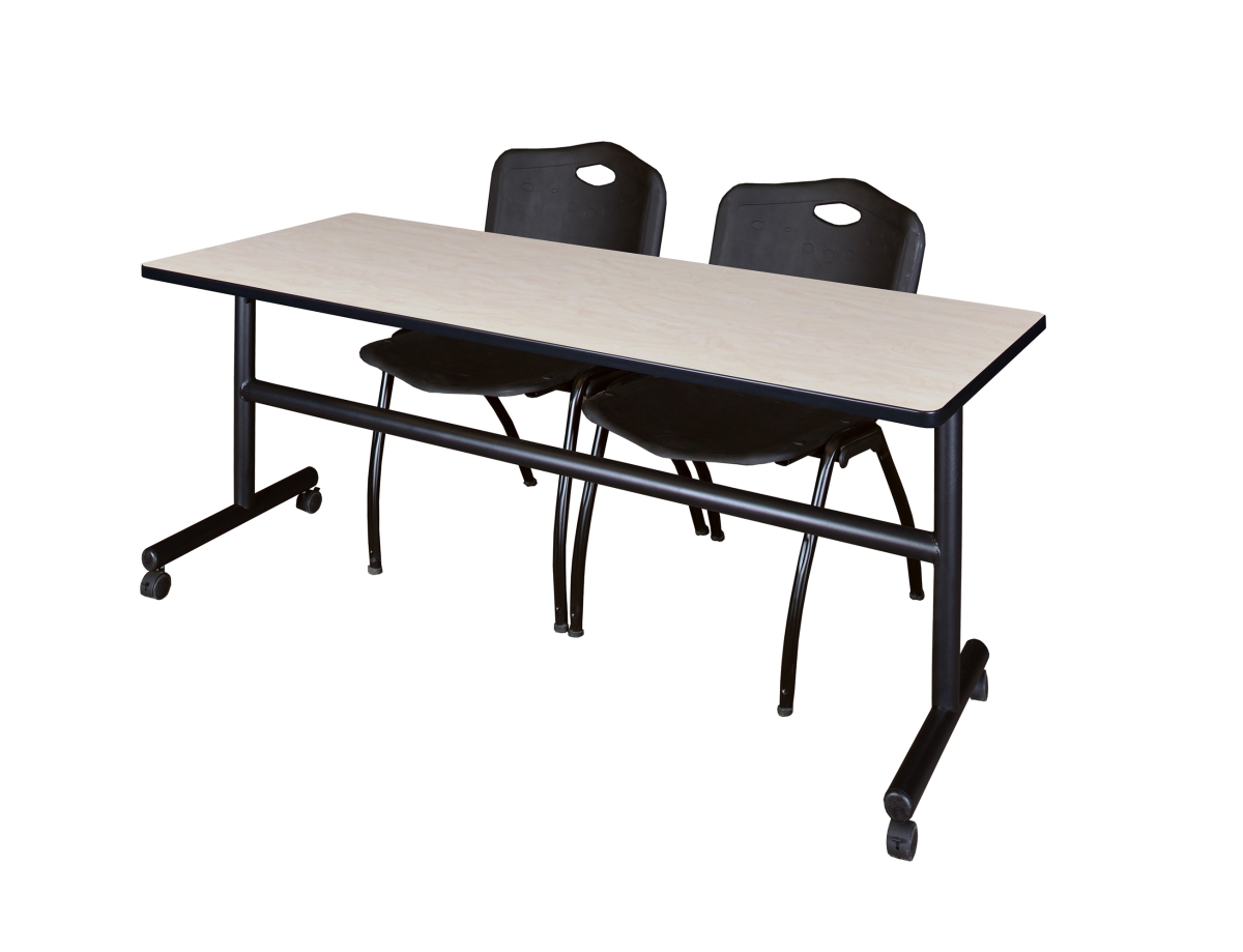 72 x 30 Flip Top Mobile Training Table with Maple & Black 2 in. M Stack Chairs