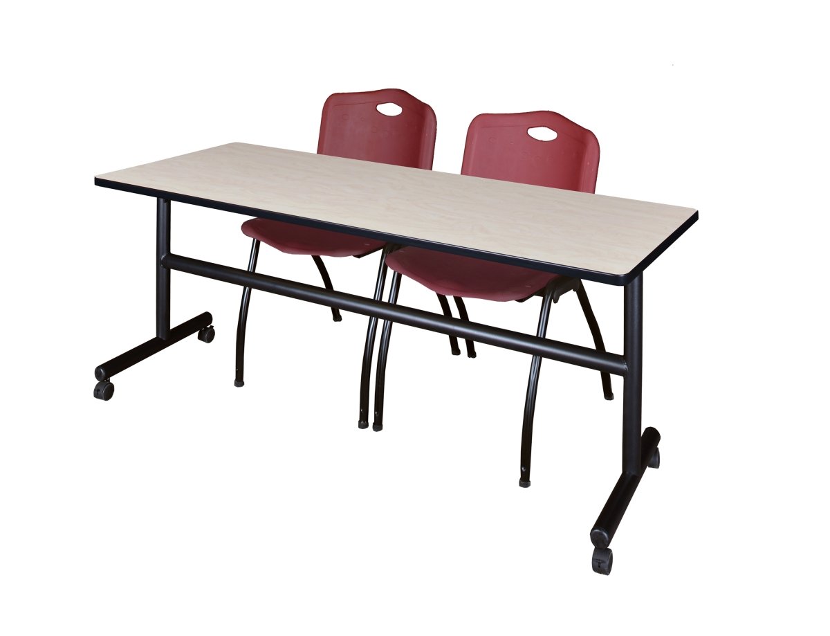 MKFT7230PL47BY 72 x 30 Flip Top Mobile Training Table with Maple & Burgundy 2 in. M Stack Chairs -  Regency