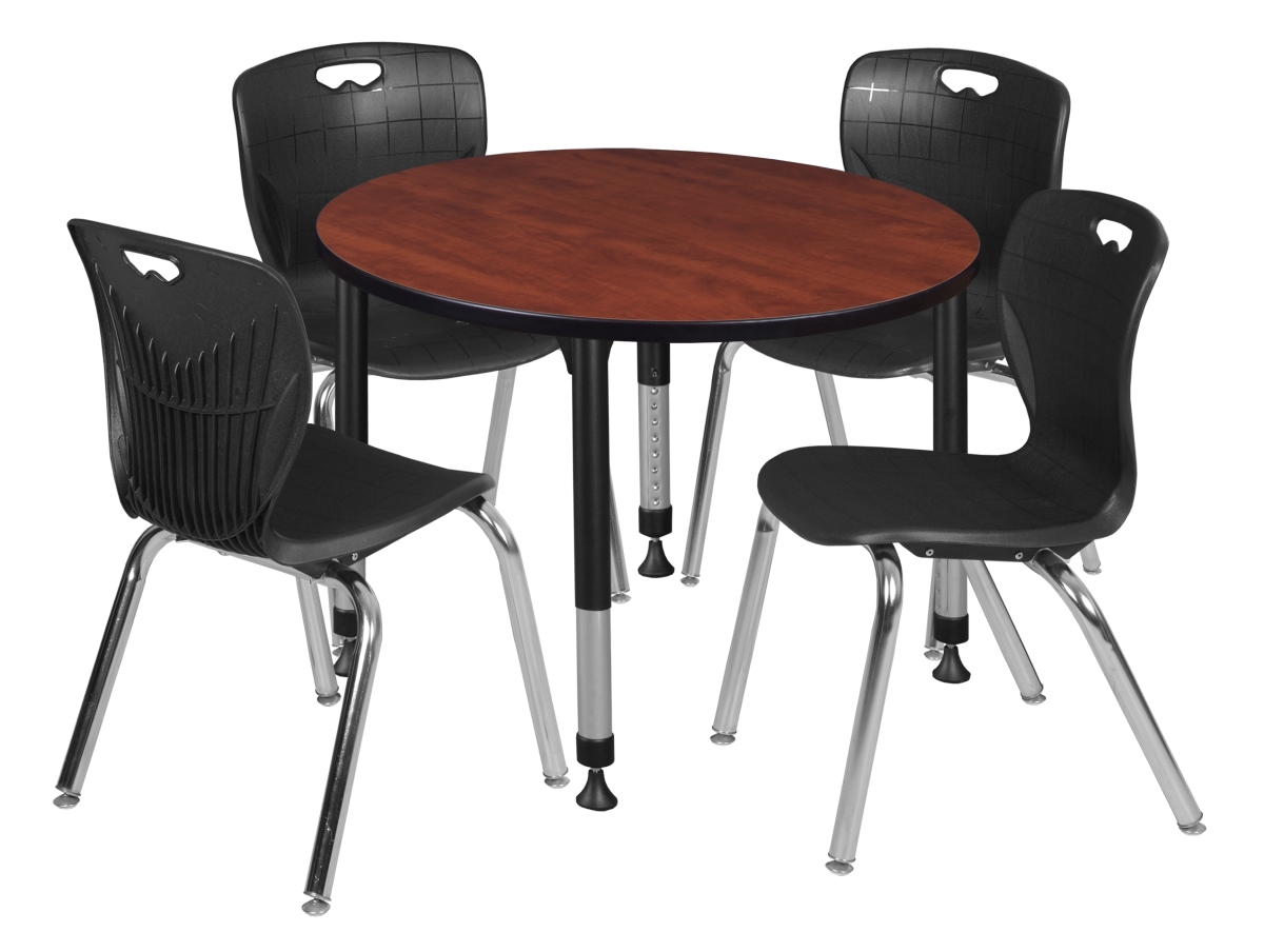 Kee 36 in. Cherry Round Height Adjustable Classroom Table & 18 in. Black 4 Andy Stack Chairs