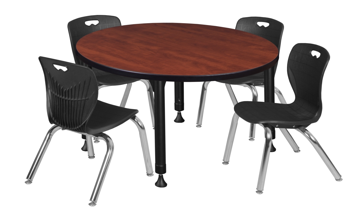 Kee 36 in. Round Height Adjustable Classroom Table - Cherry & 4 Andy 12-in Stack Chairs, Black