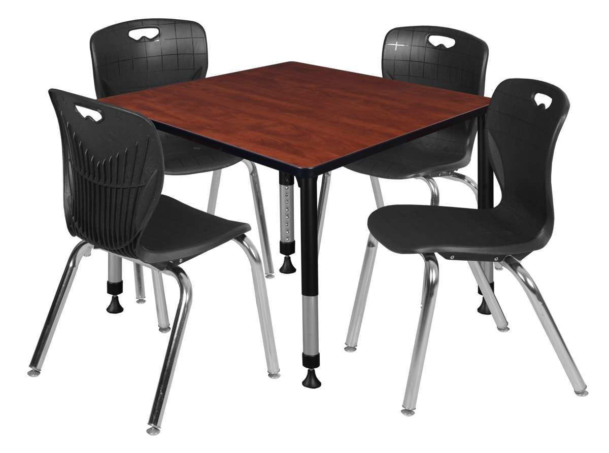 42 in. Kee Square Height Adjustable Classroom Table with 18 in. 4 Andy Stack Chairs, Cherry, Chrome & Black