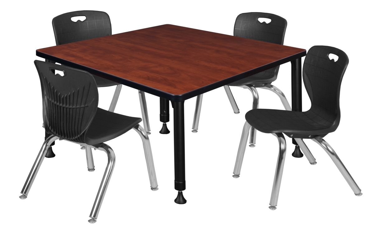 42 in. Kee Square Height Adjustable Classroom Table with 12 in. 4 Andy Stack Chairs, Cherry, Chrome & Black