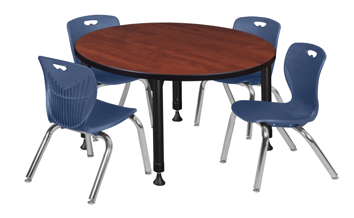 Kee 42 in. Cherry Round Height Adjustable Classroom Table & 12 in. Navy Blue 4 Andy Stack Chairs