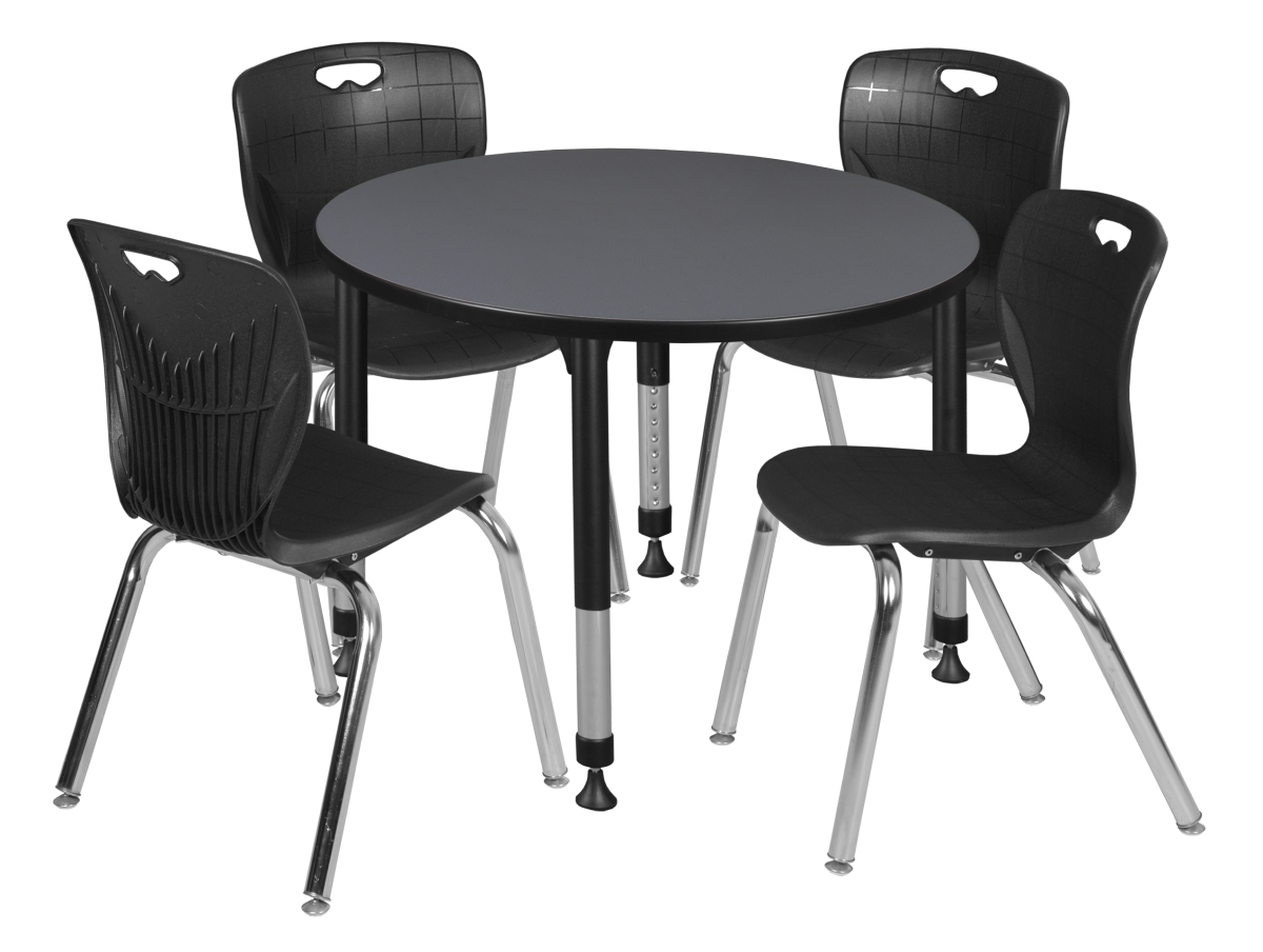 Kee 42 in. Grey Round Height Adjustable Classroom Table & 18 in. Black 4 Andy Stack Chairs