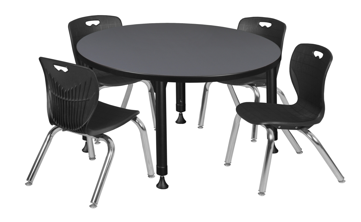 Kee 42 in. Round Height Adjustable Classroom Table - Grey & 4 Andy 12-in Stack Chairs, Black