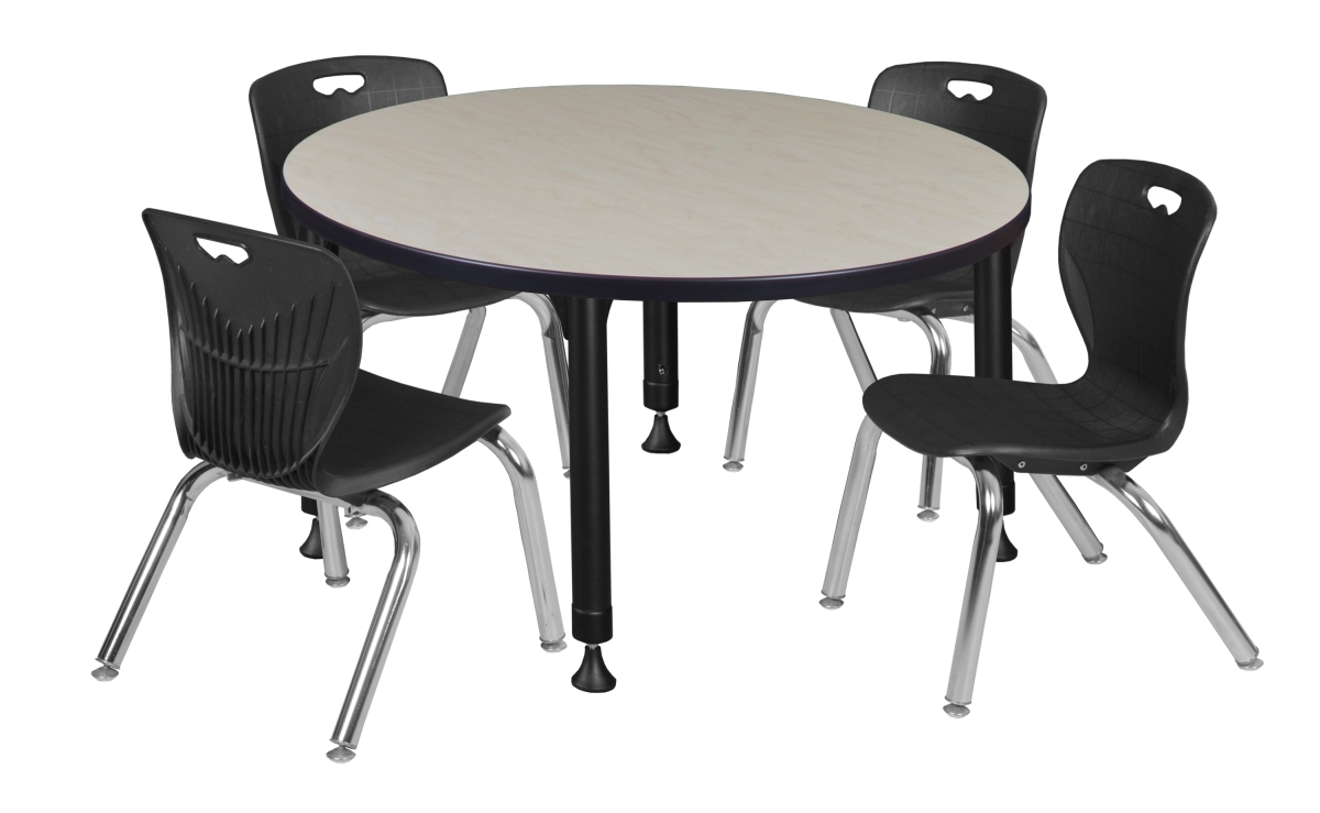 Kee 42 in. Round Height Adjustable Classroom Table - Maple & 4 Andy 12-in Stack Chairs, Black