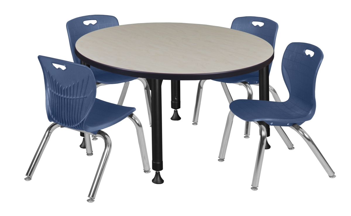 Kee 42 in. Maple Round Height Adjustable Classroom Table & 12 in. Navy Blue 4 Andy Stack Chairs