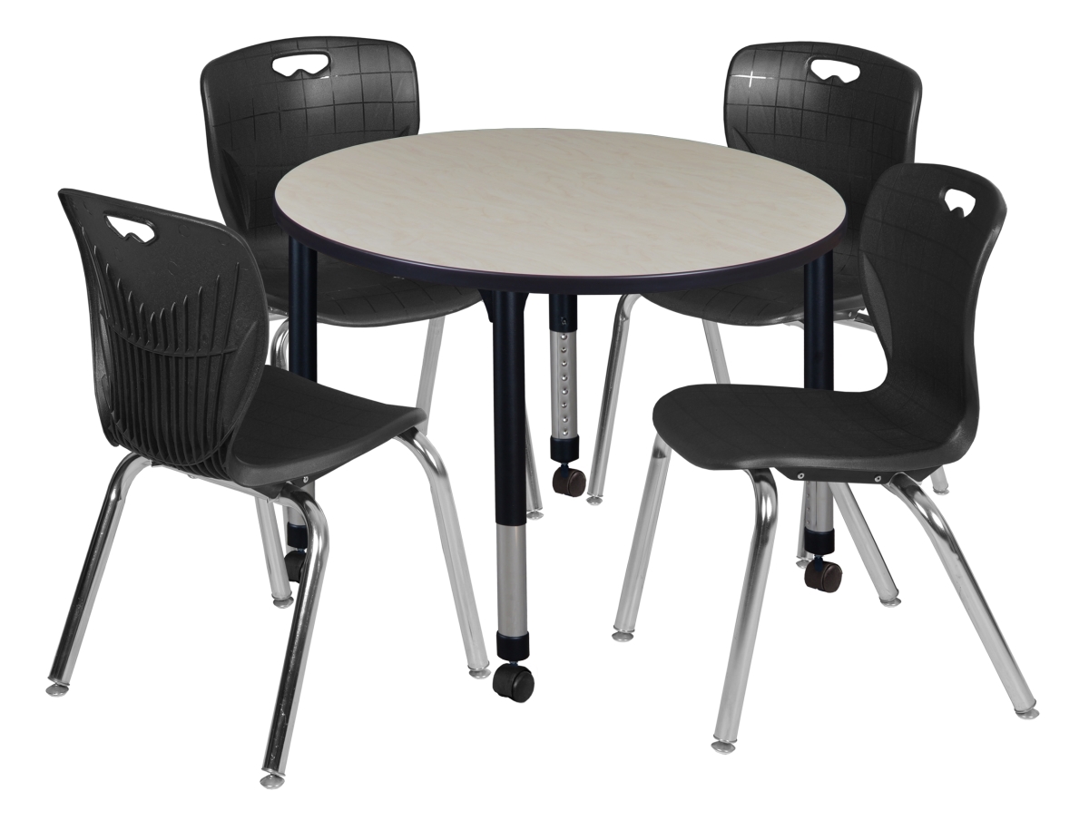 Kee 36 in. Maple Round Height Adjustable Classroom Table & 18 in. Black 4 Andy Stack Chairs