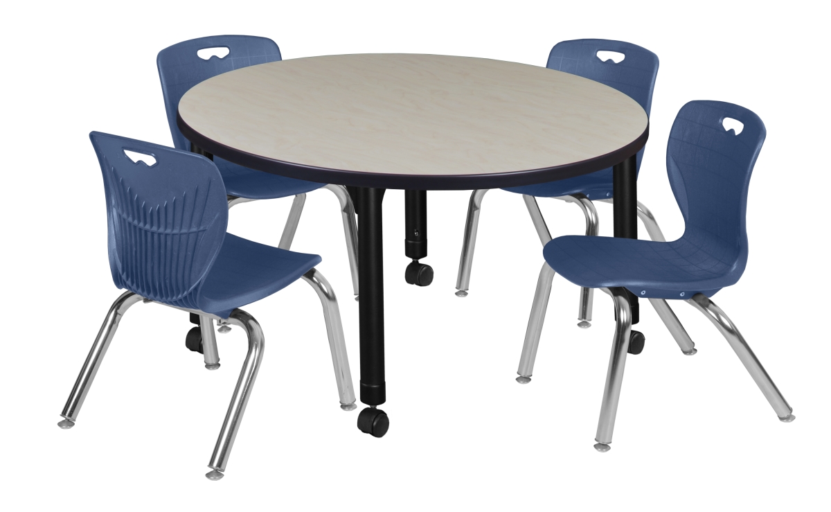 Kee 36 in. Maple Round Height Adjustable Classroom Table & 12 in. Navy Blue 4 Andy Stack Chairs