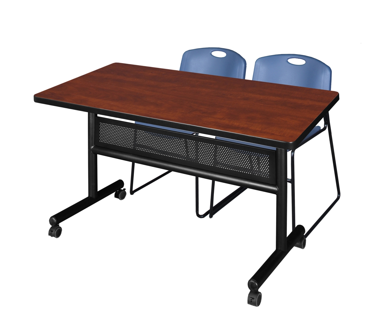 MKFTM4830CH44BE 48 x 30 in. Flip Top Mobile Training Table with Modesty Panel, Cherry & 2 in. Zeng Stack Chairs - Blue