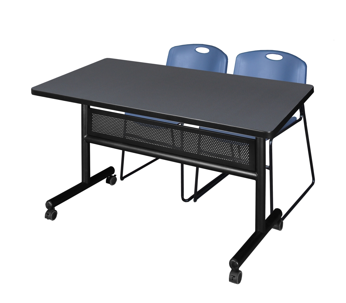 MKFTM4830GY44BE 48 x 30 in. Flip Top Mobile Training Table with Modesty Panel, Grey & 2 in. Zeng Stack Chairs - Blue