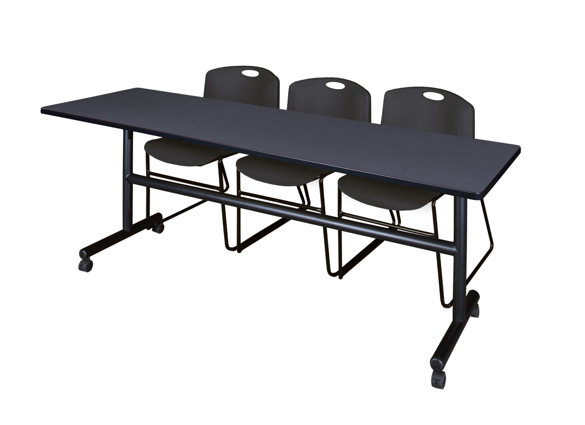 MKFT8424GY44BK 84 in. Kobe Flip Top Mobile Training Table with Grey & Black 3 Zeng Stack Chairs -  Regency