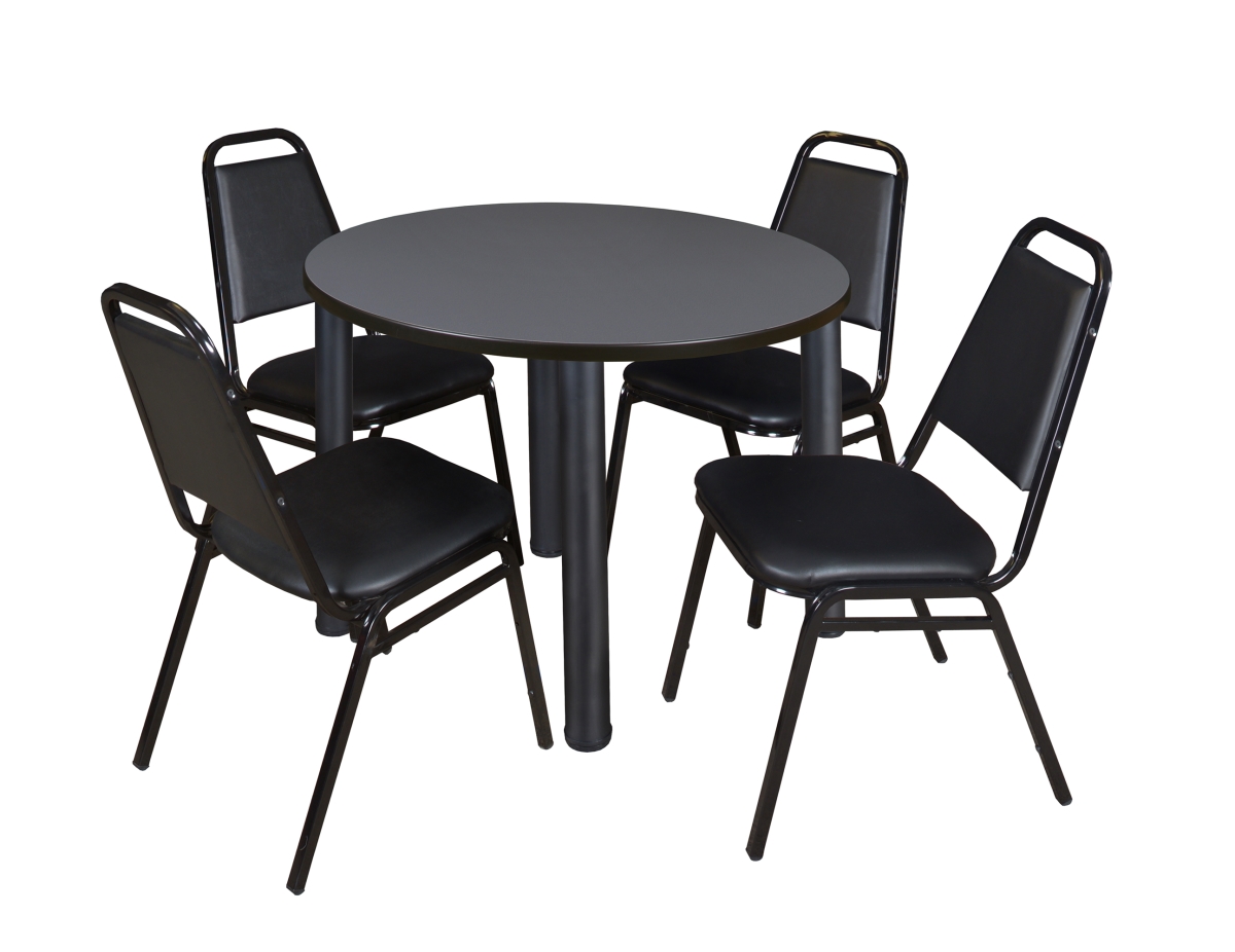 42 in. Kee Round Breakroom Table & 4 Restaurant Stack Chairs, Grey & Black