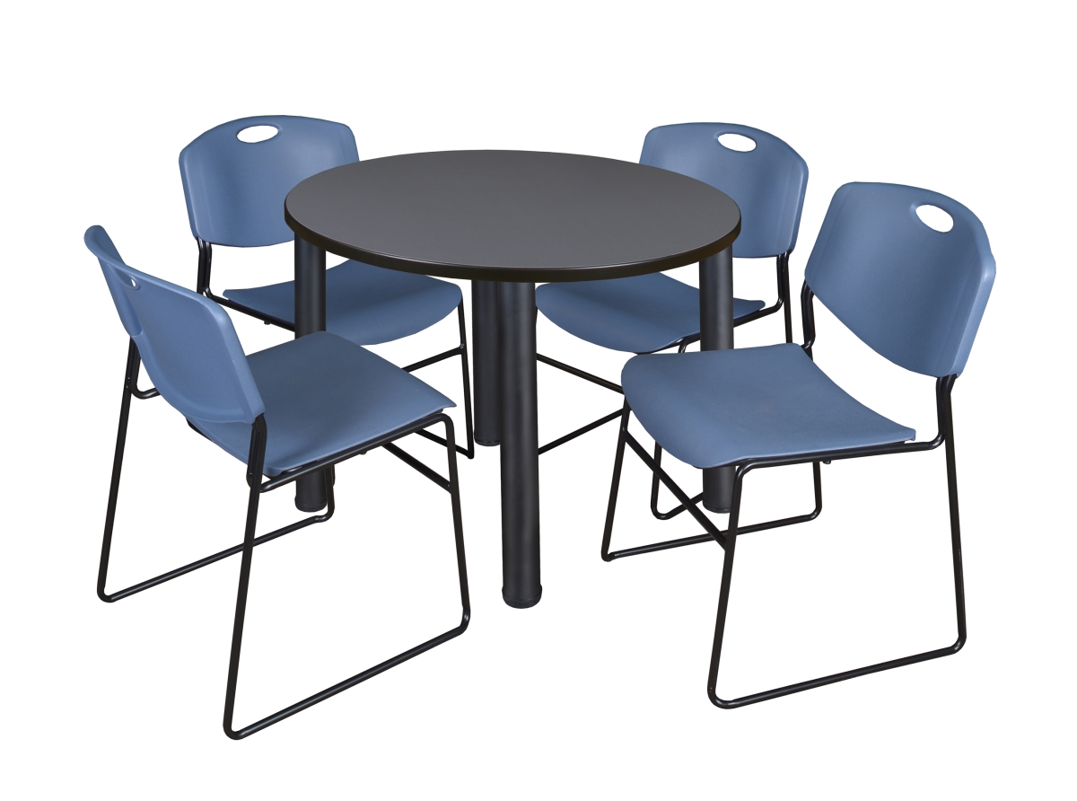 42 in. Kee Round Breakroom Table & 4 Zeng Stack Chairs, Grey, Black & Blue