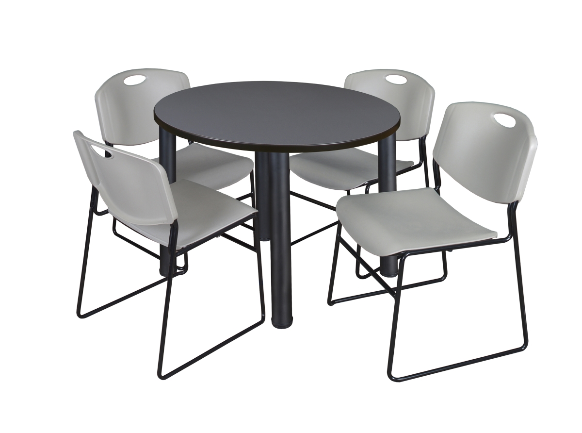 42 in. Kee Round Breakroom Table & 4 Zeng Stack Chairs, Grey, Black & Grey