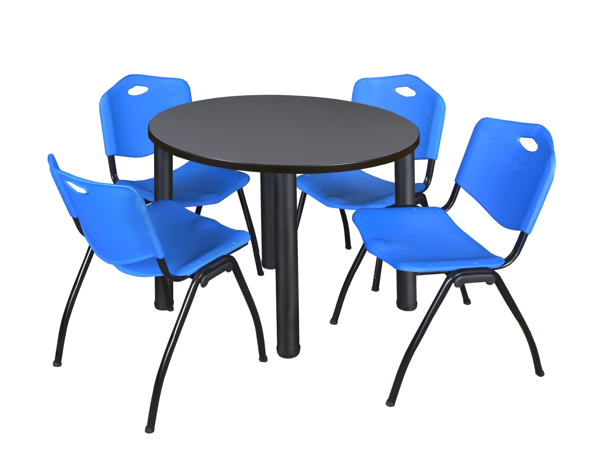 TB42RNDGYBPBK47BE 42 in. Kee Round Breakroom Table & 4 M Stack Chairs, Grey, Black & Blue -  Regency