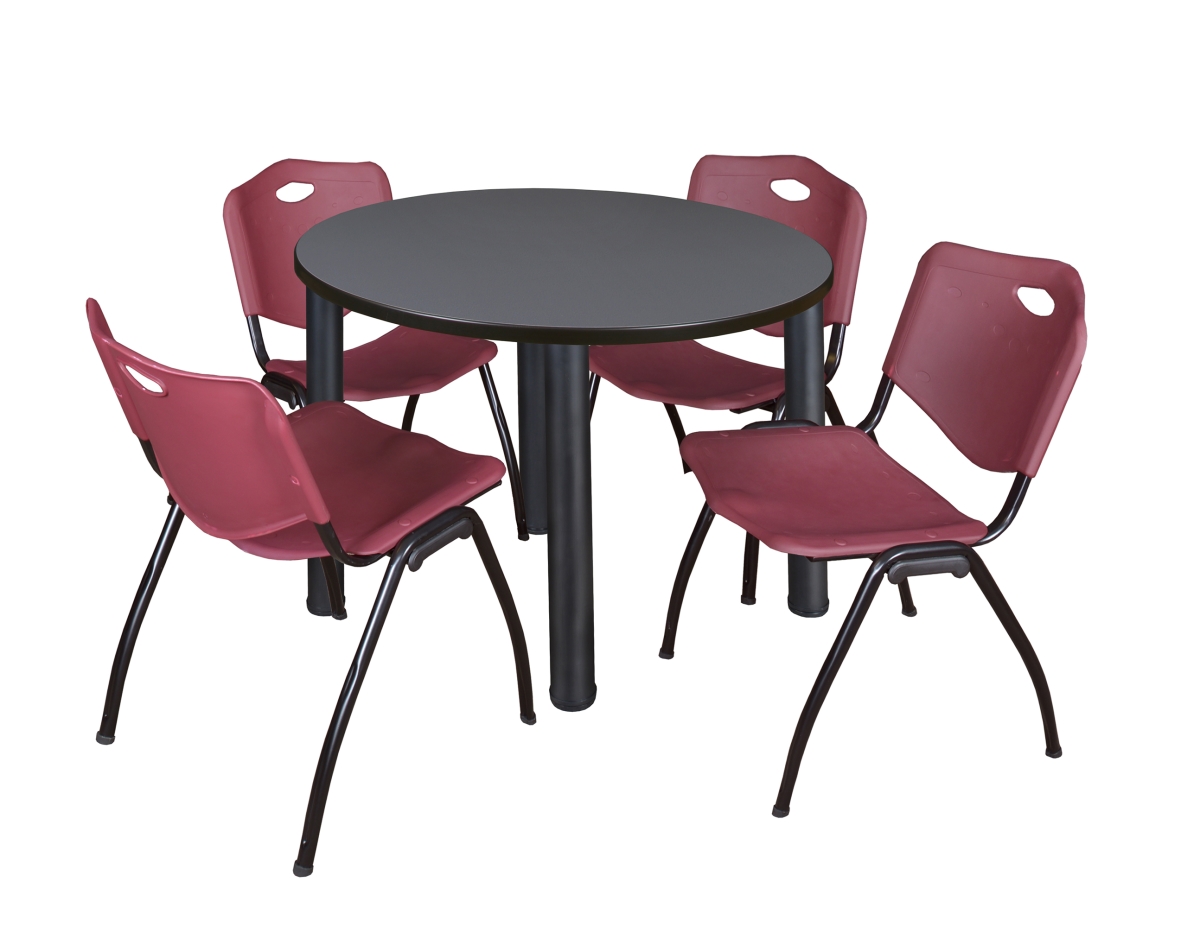 42 in. Kee Round Breakroom Table & 4 M Stack Chairs, Grey, Black & Burgundy