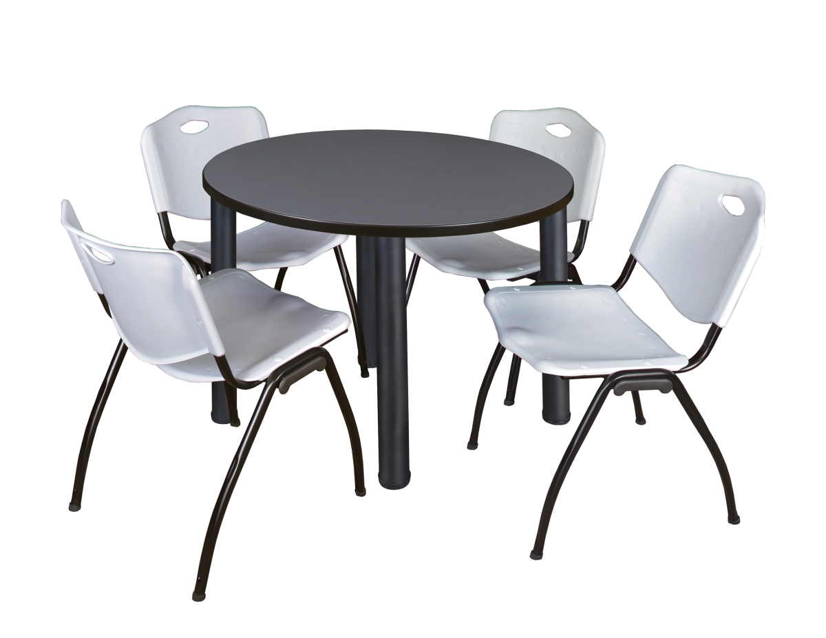 42 in. Kee Round Breakroom Table & 4 M Stack Chairs, Grey, Black & Grey