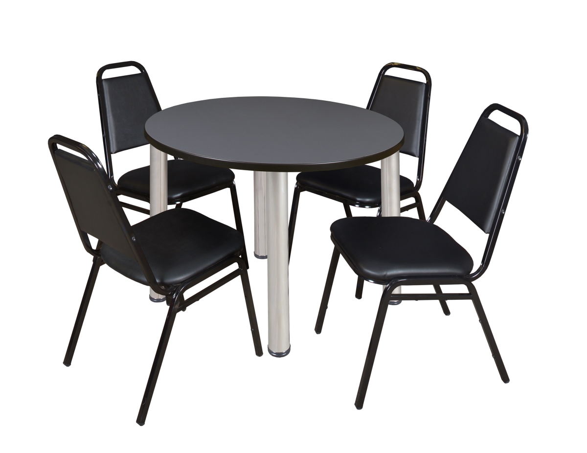 TB42RNDGYBPCM29BK 42 in. Kee Round Breakroom Table & 4 Restaurant Stack Chairs, Grey, Chrome & Black -  Regency