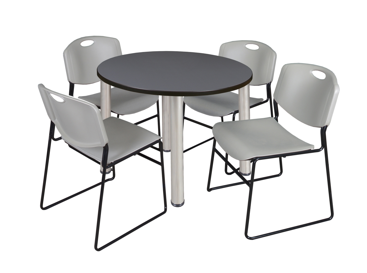 42 in. Kee Round Breakroom Table & 4 Zeng Stack Chairs, Grey, Chrome & Grey