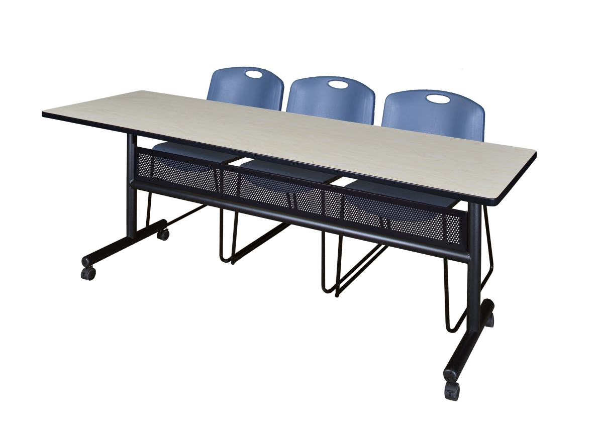 MKFTM8424PL44BE 84 x 24 in. Flip Top Mobile Training Table with Modesty Panel - Maple & Blue 3 Zeng Stack Chairs